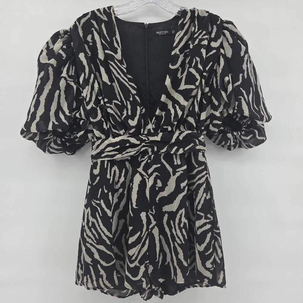 NASTY GAL Romper 4 Black Zebra Print Puff Sleeve Animal Print Chic Party Night - Picture 1 of 7
